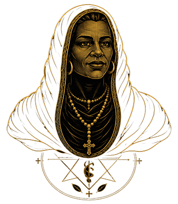 Ilustração devocional de Vó Maria Conga, Preta Velha e patrona da casa, com rosário e ponto riscado.